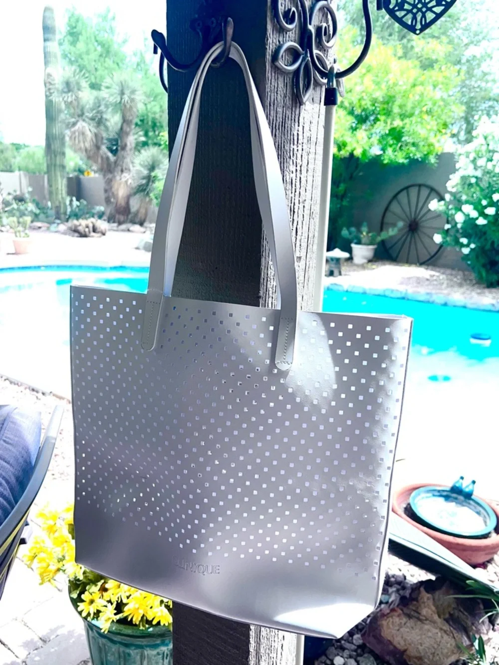 CLINIQUE White Perforated Tote Bag Great Beach or Pool Tote